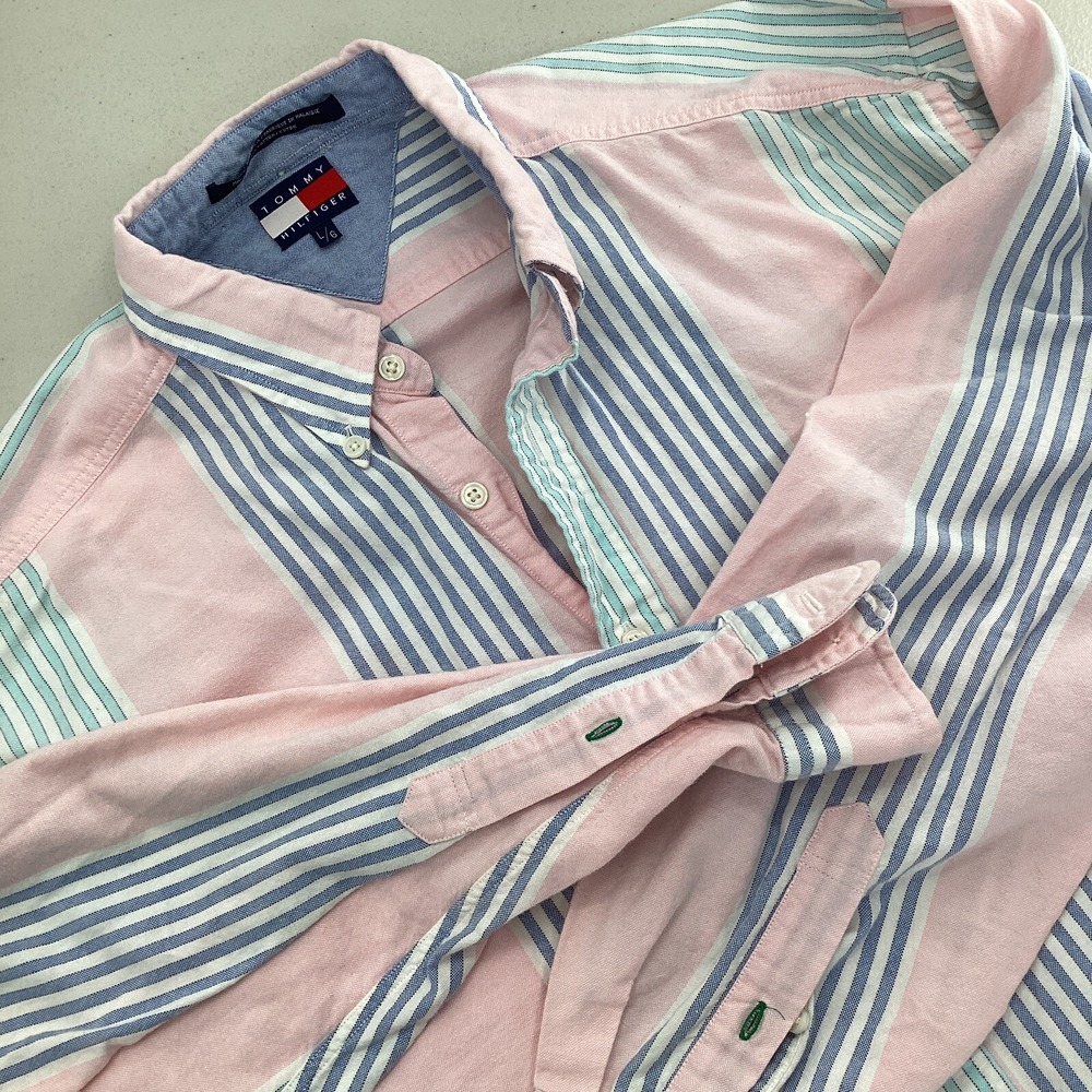 Tommy Hilfiger Button Down Shirt Mens L Pink Blue Teal Striped Pockets‎ Logo